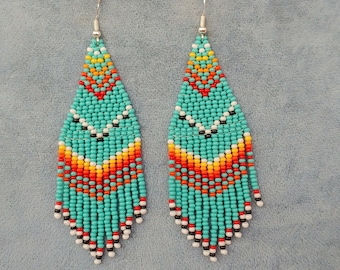 Beaded turquoise earrings long seed bead chandelier earrings earrings fringe earrings Native style earrings Southwest design American design