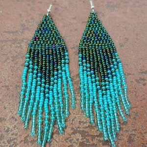 Beaded earrings Long earrings  gradient Seedbead earrings chandelier Boho earrings beadwork dark green earrings mint herbal earrings  fringe