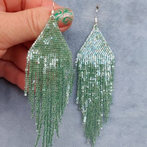 Author's beaded earrings evening Seed bead earring Beadwork Fringe earring abstraction minimalism heart mint lace beaded earring for wedding