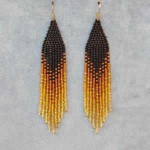 Beaded earrings Long earrings  gradient Seedbead earrings chandelier Boho earrings beadwork cognac black brown gold ombre earrings  fringe