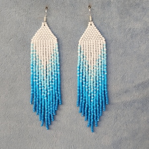 Nautical beaded earrings Long nautical style Seed bead earrings blue ombre chandelier earring Boho Beadwork earrings Fringe earring Gradient