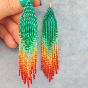 Beaded earrings Long earrings gradient Seedbead earrings chandelier Boho earrings Ombre seed bead earrings orange red green fringe earrings