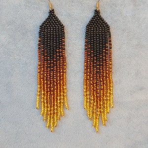 Beaded earrings Long earrings  gradient Seedbead earrings chandelier Boho earrings beadwork cognac black brown gold ombre earrings  fringe