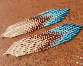 Beaded earrings Long earrings gradient Seed bead earrings chandelier Ombre seed bead earrings Beige blue denim Navy blue earrings  fringe