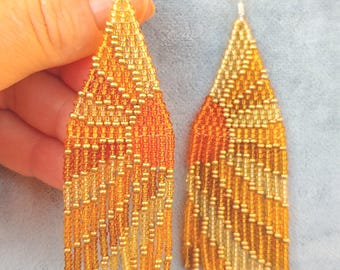 Unique beaded earrings orange Native earrings Seed bead earrings chandelier earrings Beadwork Fringe wearable art mountain sun wave sunset