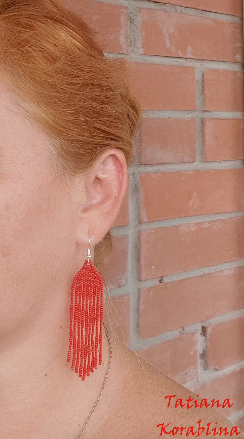 Author/'s beaded earrings evening Seed bead earring Beadwork Fringe earring abstraction minimalism heart red lace beaded earrings for wedding