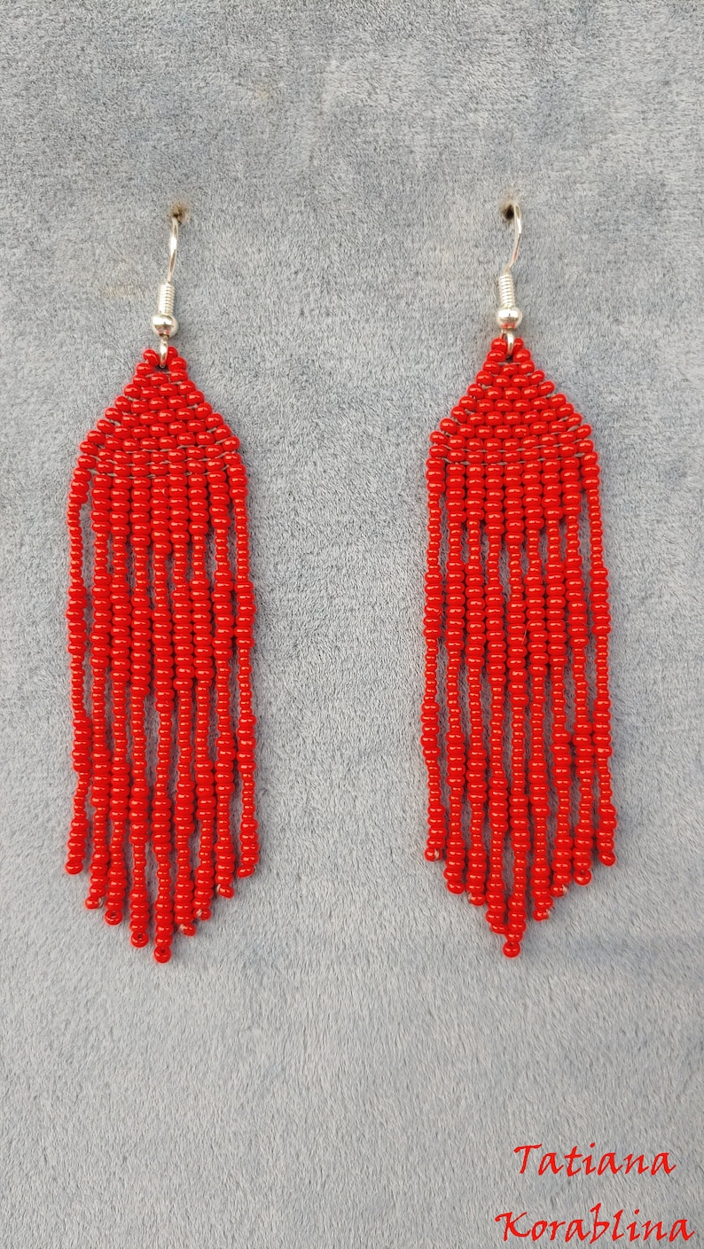 Author/'s beaded earrings evening Seed bead earring Beadwork Fringe earring abstraction minimalism heart red lace beaded earrings for wedding