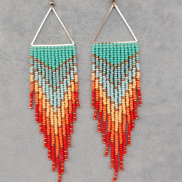 Beaded earrings Long earrings gradient Seedbead earrings chandelier Boho earring Ombre seed bead earrings red coral blue teal fringe earring