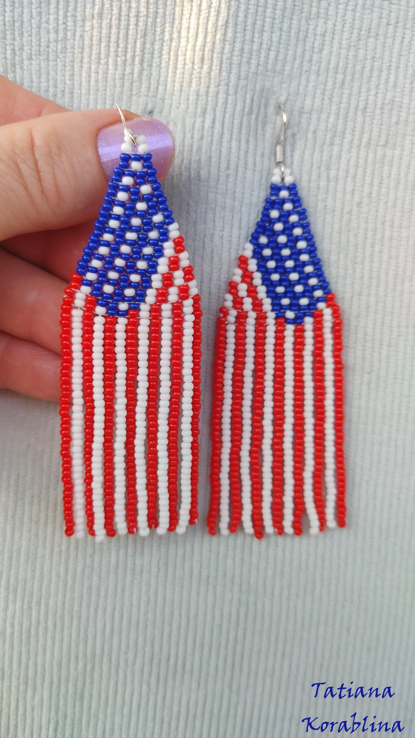 Beaded earrings  Seed bead earrings Patriotic earrings fringe USA flag  United States of America  4th of July Memorial Day Red white blue