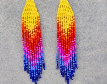 Beaded earrings Long earrings gradient Seedbead earrings chandelier Boho earrings Ombre seed bead earrings orange red blue fringe earrings