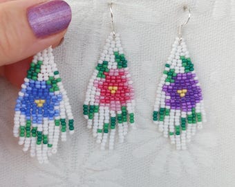 Unique author's earrings abstract floralprint Beaded earrings white small  Seed bead earrings chandelier Boho earrings Fringe earring purple
