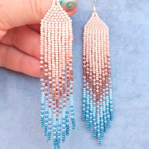 Beaded earrings Long earrings gradient Seed bead earrings chandelier Ombre seed bead earrings Beige blue denim Navy blue earrings  fringe