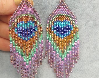 Peacock earrings peacock feather earrings bird earrings long hippie earrings iridescent earrings animal totem eye earrings exotic earrings