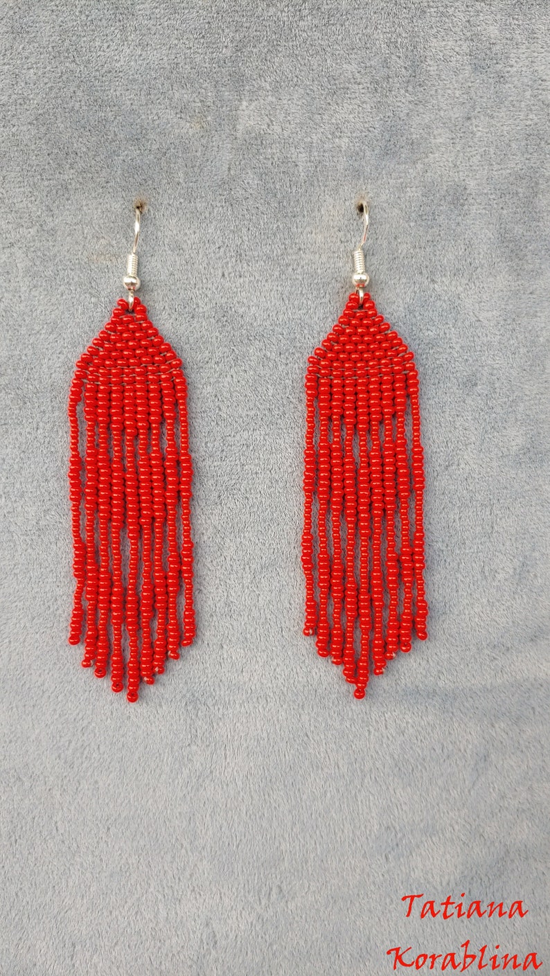 Author/'s beaded earrings evening Seed bead earring Beadwork Fringe earring abstraction minimalism heart red lace beaded earrings for wedding