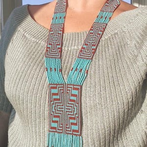 Ukrainian Traditional ethnic bead loom necklace Long necklace Beaded jewelry zigzag hypnosis boho boutique fringe necklace turquoise brown