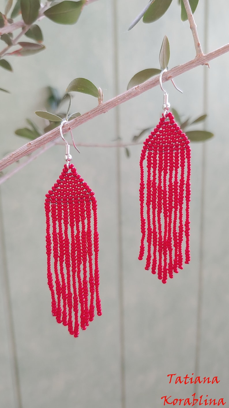 Author/'s beaded earrings evening Seed bead earring Beadwork Fringe earring abstraction minimalism heart red lace beaded earrings for wedding