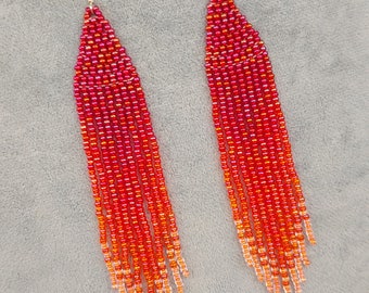 Beaded earrings Long earrings gradient Seed bead earrings Boho earrings Ombre seed bead earrings orange earrings red fringe earrings Sunset