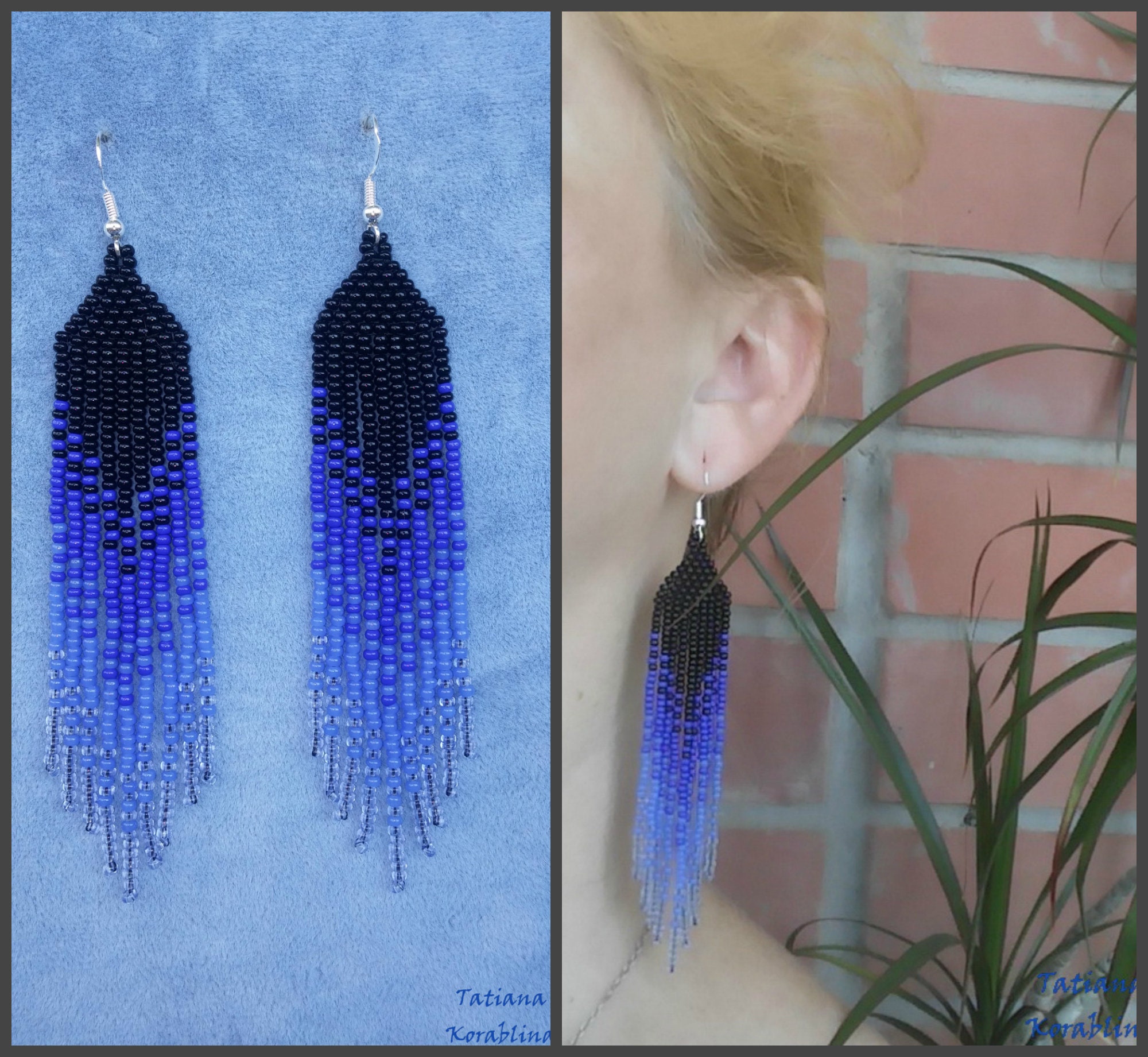 Beaded earrings Long earrings Seed bead earrings black blue Etsy