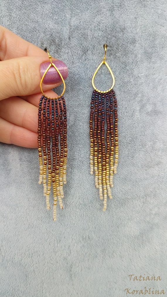 Author's Beaded Earrings Long Seed Bead Earrings Chandelier Fringe