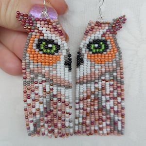 Author&#39;s beaded earrings Seed bead earrings chandelier beadwork Fringe abstract minimalism animal earrings owl eagle brown owl bird earrings