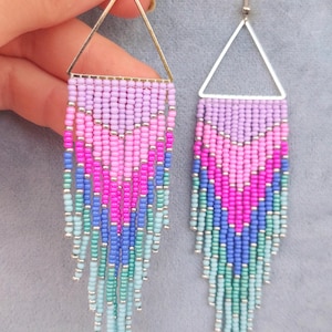 Beaded earrings Long earrings gradient Seedbead earrings chandelier Boho earring Ombre seed bead earrings pink blue teal fringe earrings