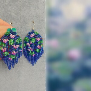 Unique author&#39;s earrings abstract floral Beaded earrings Seed bead earrings chandelier Fringe earrings inspired Claude Monet Water Lilies