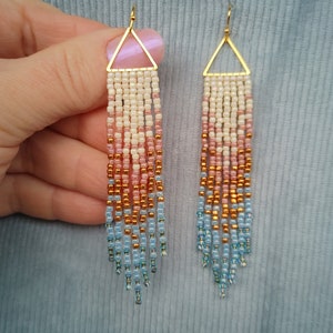 Author's beaded earrings Long evening Seed bead earring chandelier Beadwork Fringe earrings abstraction minimalism earring blue white bronze