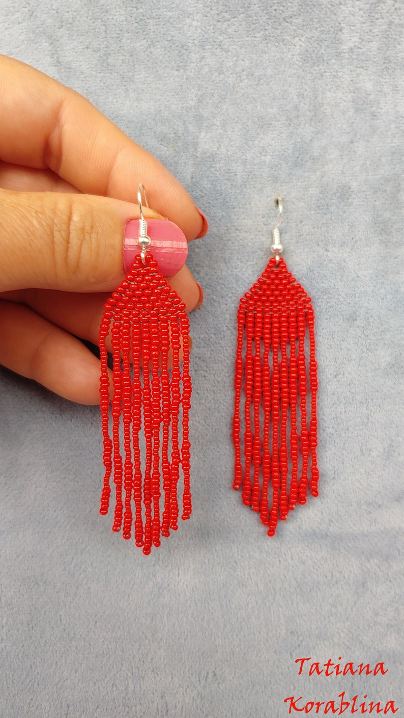 Author/'s beaded earrings evening Seed bead earring Beadwork Fringe earring abstraction minimalism heart red lace beaded earrings for wedding