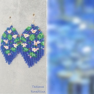Unique author&#39;s earrings abstract floral Beaded earrings Seed bead earrings chandelier Fringe earrings inspired Claude Monet Water Lilies