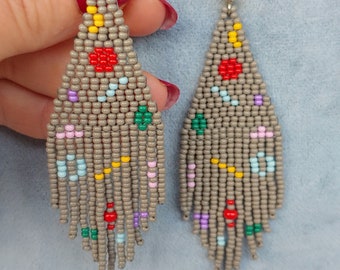 Beaded earrings long Native Seed bead chandelier earring Boho earrings gray Fringe earrings Minimalist triangle minimal pastel abstraction