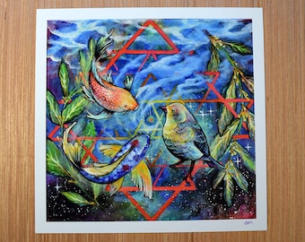 3 Planes Fine Art Giclee Print || Natura, Woda, Powietrze, Wiatr, Żywiołowy, Sri Yantra, Ryba Koi, Ptak, Gałązka oliwna, Laurel, Przestrzeń, Gwiazdy