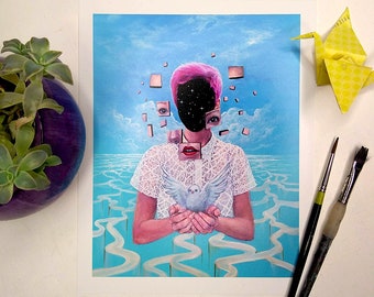 Ego Death Fine Art Print || Surrealistyczny psychodeliczny surrealizm Fala oceaniczna Chmury Ptak Gwiazda Kosmos Różowe włosy Koronka Gołąb