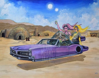 Jabba the Hutt i dziewczyny Twi'lek jadące w GTO Speeder Hover Car, wydruk artystyczny | Star Wars Lowrider Tatooine Jawas