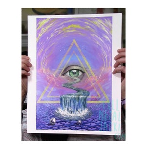 May include: An artistic print featuring a surreal eye with a green iris, a waterfall flowing from the eye, and a golden triangle. The background has a purple and yellow swirling sky and a blue water scene.