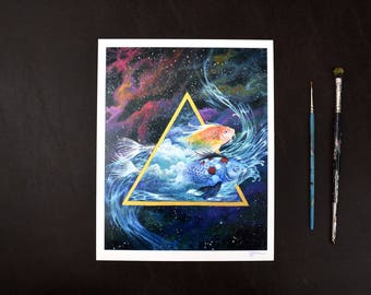 Here We Go Again Giclee Fine Art Print || Życie, Śmierć, Ryba Koi, Trójkąt, Fala, Woda, Kosmos, Gwiazdy, Odrodzenie, Samsara, Chmury, Szkielet