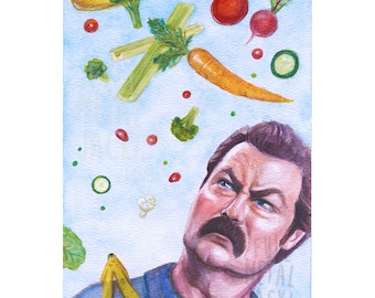 Ron Swanson i deszcz warzyw - wydruk akwarelowy Parki i rekreacja Nick Offerman owoce jedzenie DARMOWA WYSYŁKA!