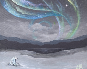 Polar Aurora Giclee Art Print || Niedźwiedź polarny, Arktyka, Zorza polarna, Zorza polarna, Migotanie, Góry, Biegun północny, Krajobraz, Cud