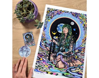 Primordial Soup Mix Psychedelic Art Print and vinyl sticker set// mother nature goddess space animals stars mushrooms fungus moon serpent