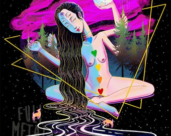Take Me Higher Ręcznie zdobiony limitowany wydruk artystyczny Darmowa wysyłka Bogini Czakra Jeleń Psychodeliczna marihuana Holograficzne gwiazdy Kosmos