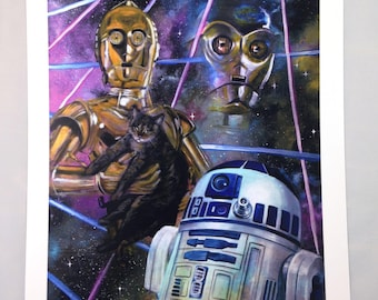 Brobots Giclee Art Print || Star Wars Droids R2D2 C3PO Cat 80's Retro Lasers Portrait
