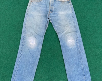 Talla 31x29.5 Jeans Levi's 501 vintage desgastados, rasgados, azul claro, desteñidos, talla 31 Jeans Punk Grunge