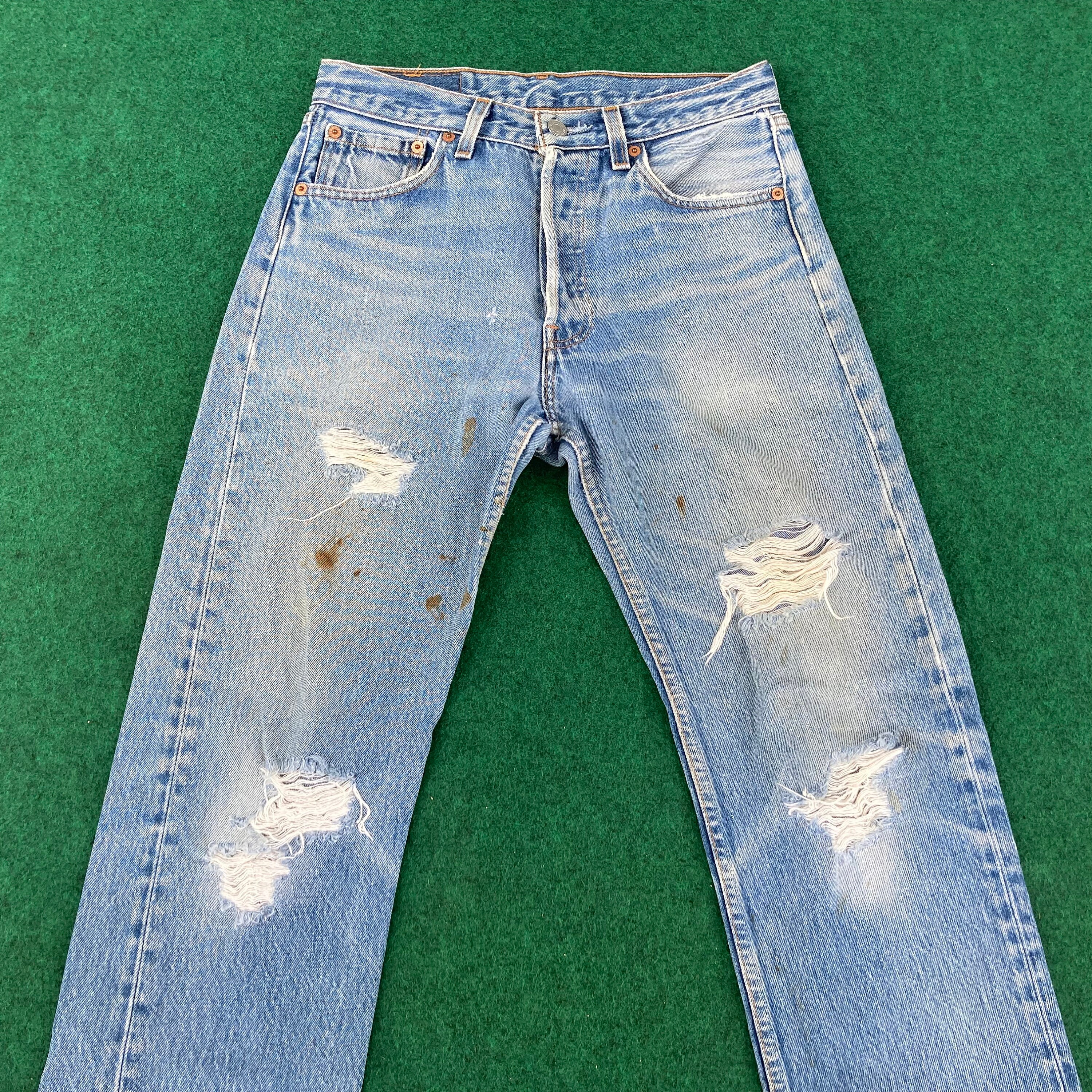Vintage Levis 501xx Distressed Ripped 28 Light Wash 90s Punk