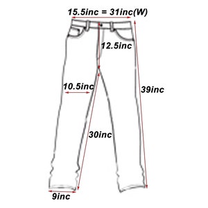 May include: Line drawing of pants with measurements. Waist is 15.5 inches (31 inches wide), inseam is 30 inches, and total length is 39 inches. The leg opening is 9 inches, and the crotch depth is 12.5 inches.