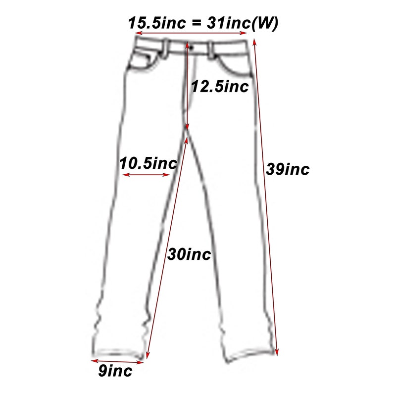 May include: Line drawing of pants with measurements. Waist is 15.5 inches (31 inches wide), inseam is 30 inches, and total length is 39 inches. The leg opening is 9 inches, and the crotch depth is 12.5 inches.