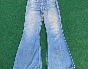 Botton Fly ,faded Jeans, Vintage 80s Big John Big Bell Bottom W28 L32 , Low  Waist W29 ,ripped , Distressed , Hippie,cool,hipster 