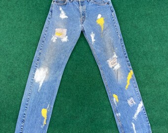 Vtg Emission Levis 505 Distressed Ripped Paint Light Wash 90s Jeans