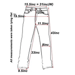 May include: A line drawing of a pair of pants with measurements in inches. The measurements include the waist, hips, inseam, and leg opening.