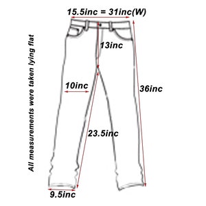 May include: A line drawing of a pair of pants with measurements in inches. The measurements include the waist, inseam, and leg opening. The text "All measurements were taken lying flat" is included on the left side of the image.