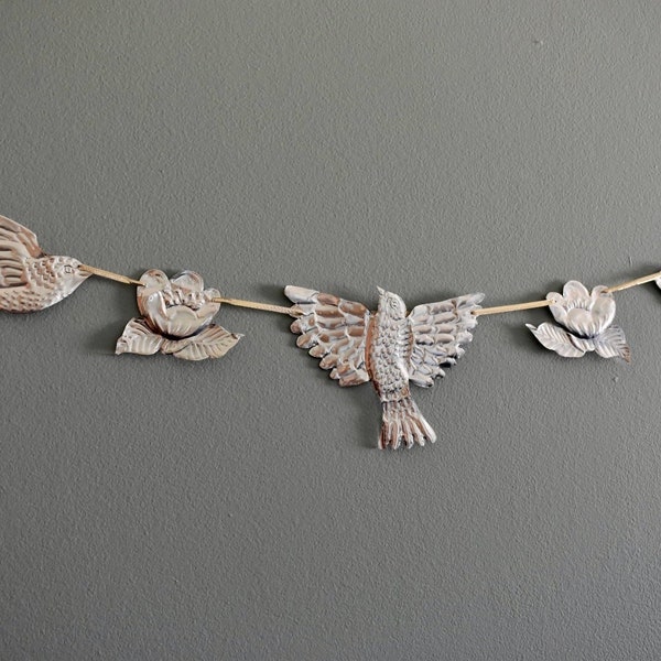 Embossed tin Bird Garland - hand embossed foil flying bird bunting