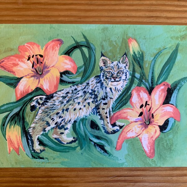 Bobcat and floral original art painting - print of hand painted illustration - nature and animals - day lilies and wild bobcat